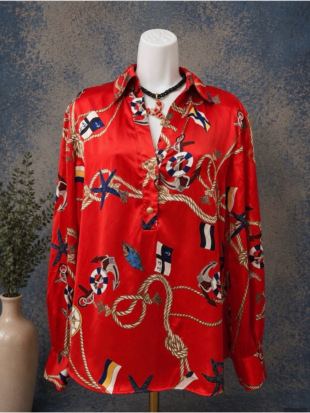 ZARA Red Nautical Print Top - X-Large